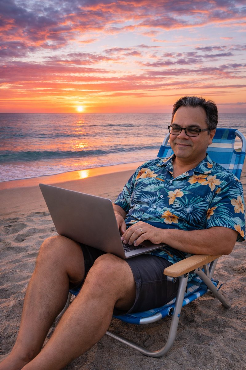 Gil Ortega working on a laptop in a beach chair at sunset