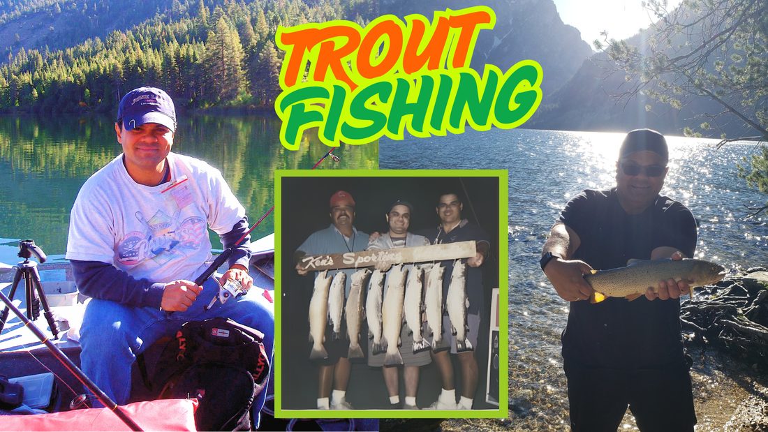 Trout fishing collage: Gil fishing from a boat, a vintage photo of friends with a full stringer, and Gil holding a trout lakeside